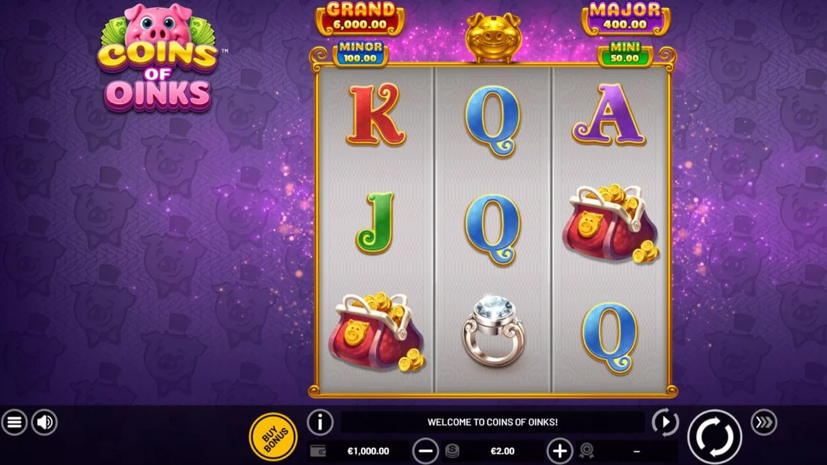 Visual luxuoso e temático de porquinhos no slot Coins of Oinks