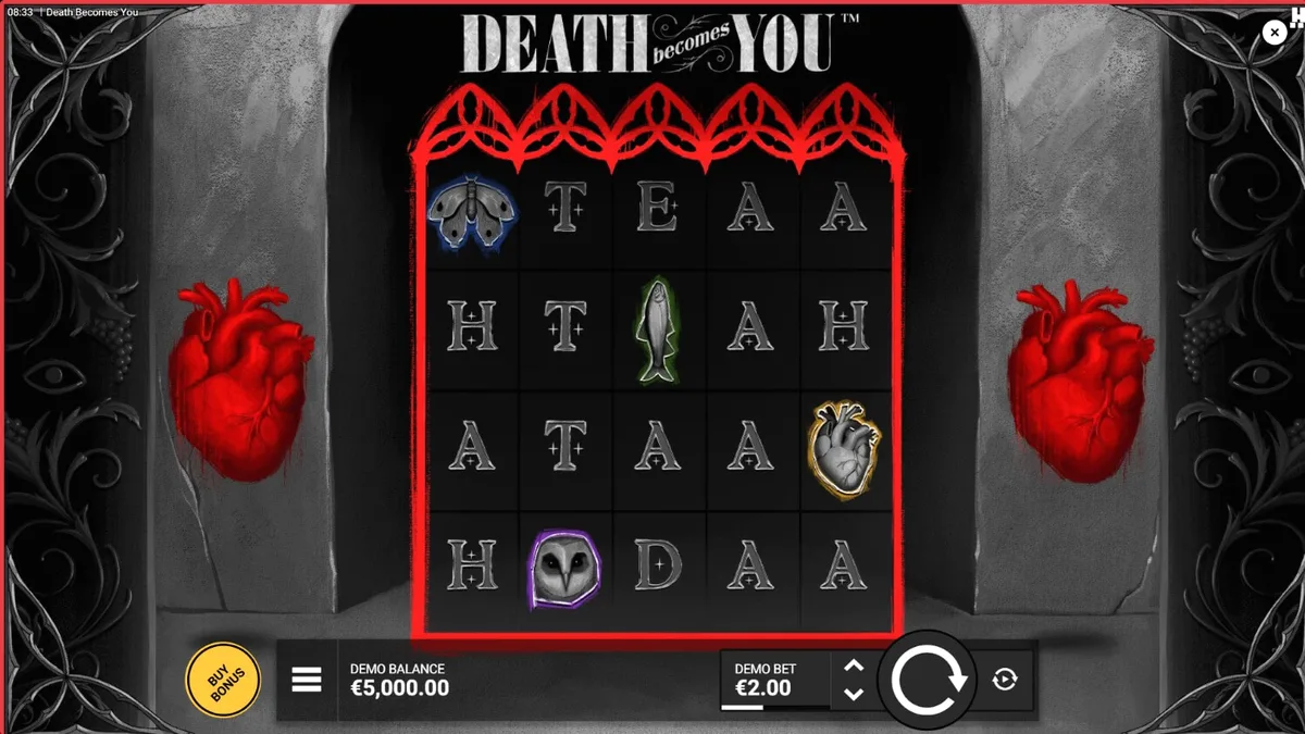 Interface gótica e sombria do slot Death Becomes You com elementos de DuelReels